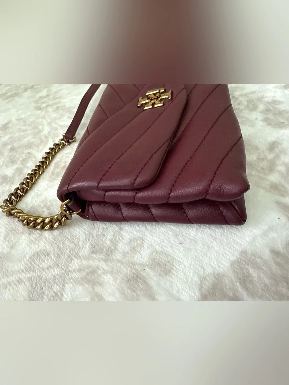 TORY BURCH Kira Chevron Quilted Leather Chain Strap Crossbody Bag in Burgundy